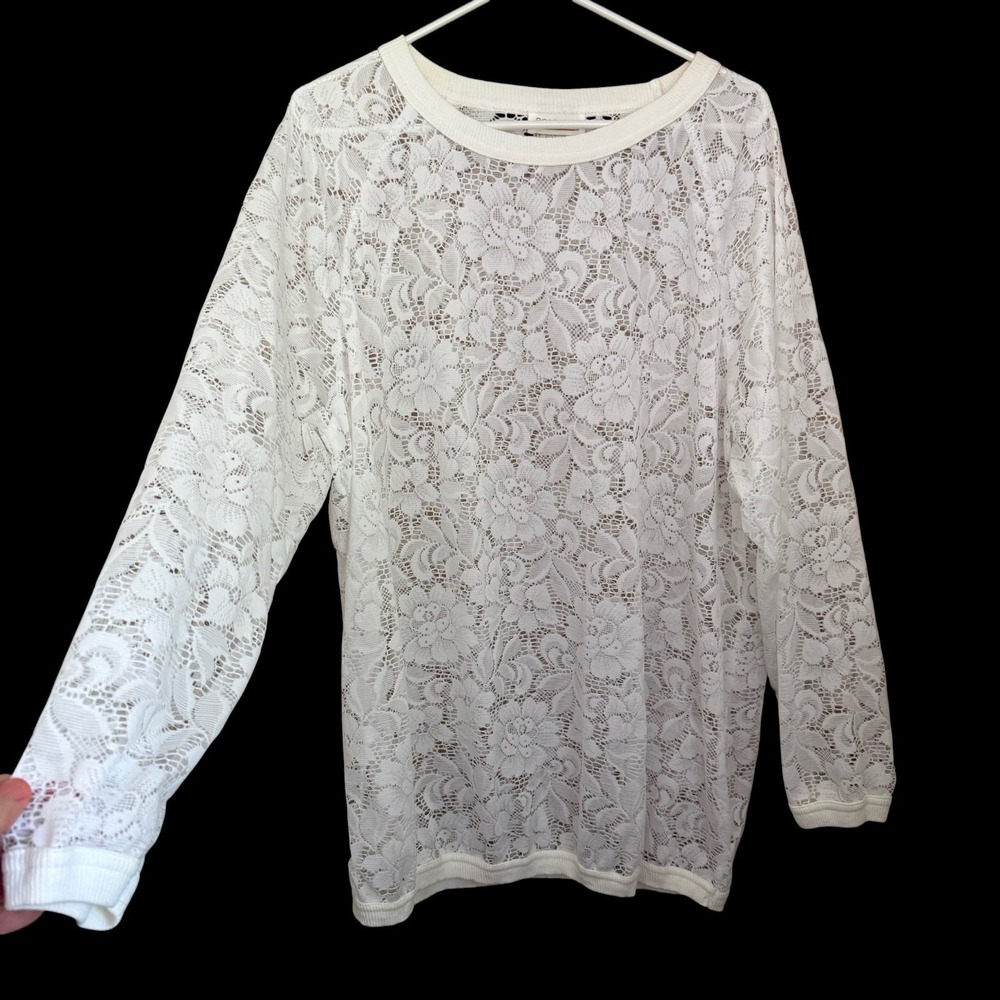 Roamans White Lace Top Cover Up L Sheer Floral Long Slv Boho Cottagecore Beachy